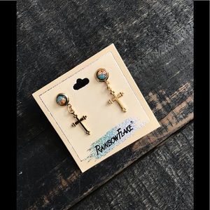 Vintage Gold Rainbow Flake Turquoise Earrings Rhodium 14kt. Plate